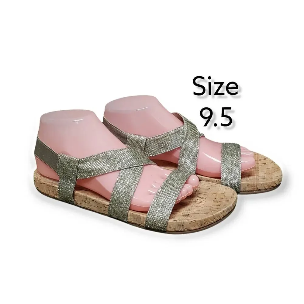 White Mountain Cork Silver & Gold Elastic Strap Open Toe Sandals Shoes  Size 9.5